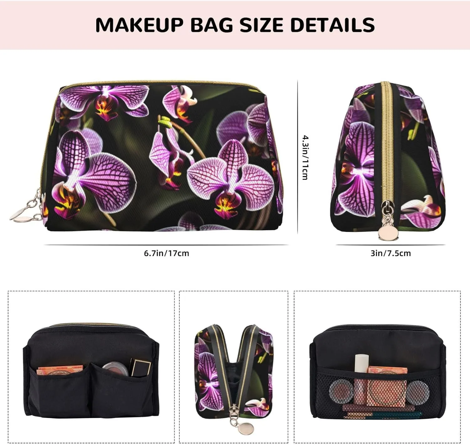Purple Orchids Print Leather Toiletry Organizer Bag, Travel-Friendly Makeup Pouch For Women