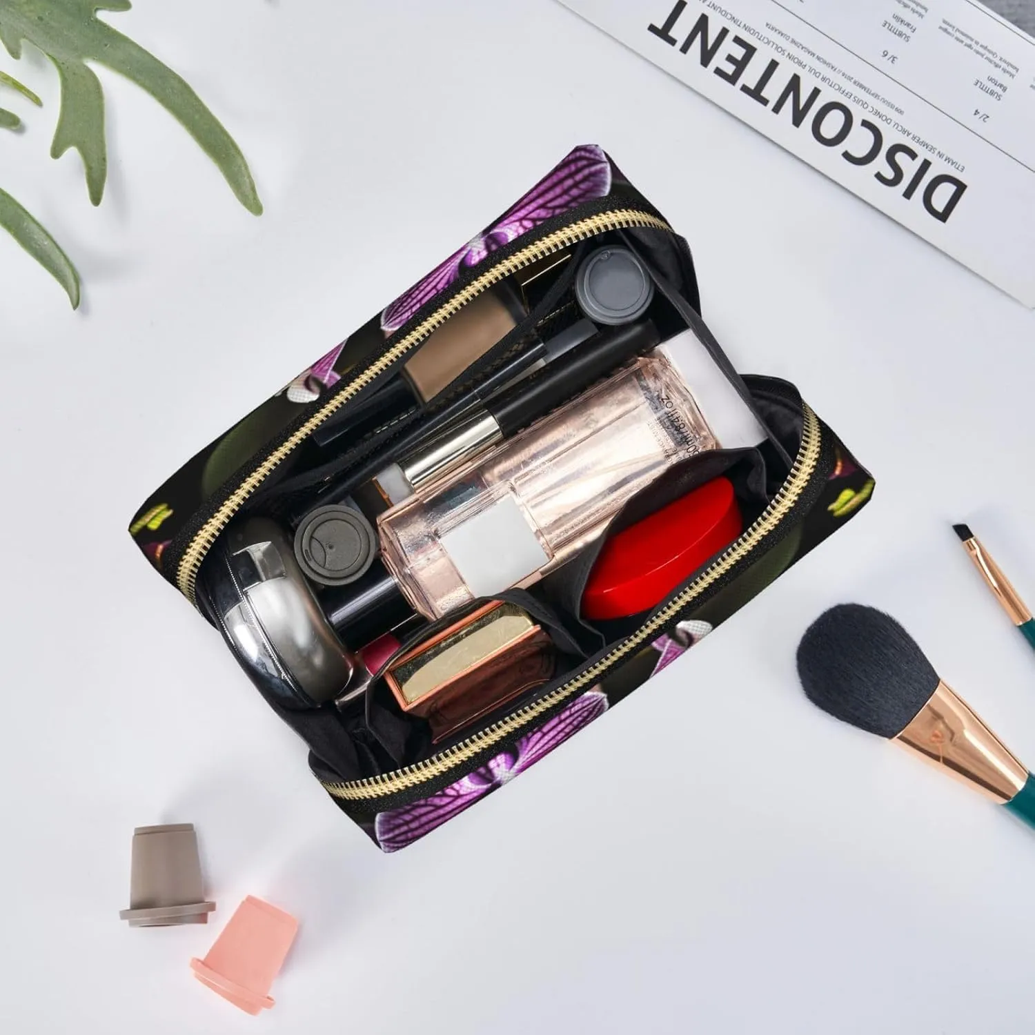 Purple Orchids Print Leather Toiletry Organizer Bag, Travel-Friendly Makeup Pouch For Women