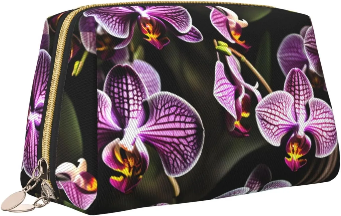 Purple Orchids Print Leather Toiletry Organizer Bag, Travel-Friendly Makeup Pouch For Women