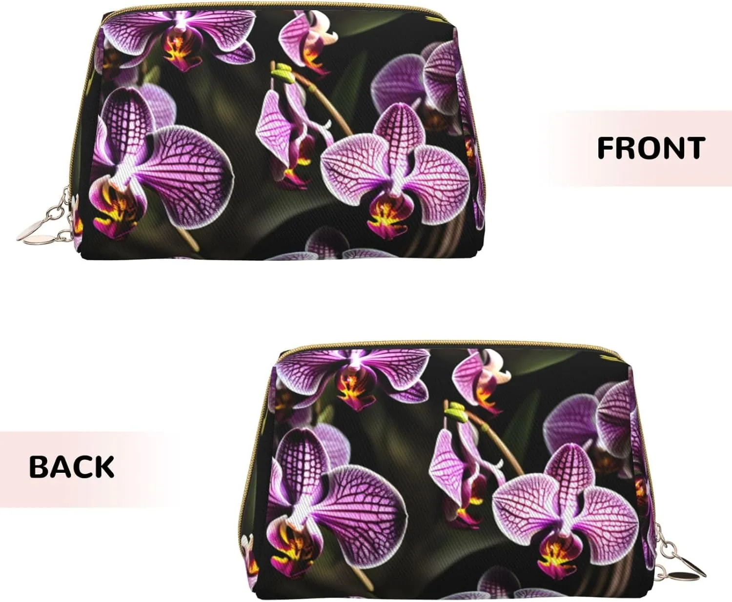 Purple Orchids Print Leather Toiletry Organizer Bag, Travel-Friendly Makeup Pouch For Women