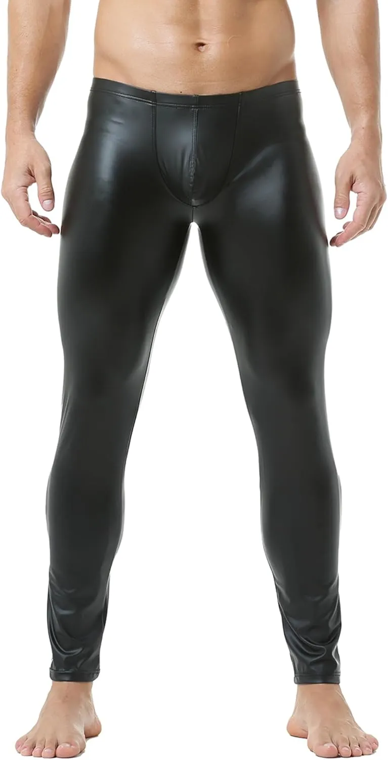 QiaTi Men's Tight Pants Faux Leather Men Leggings Long Trousers PU Skinny Slim Pants Club Dance