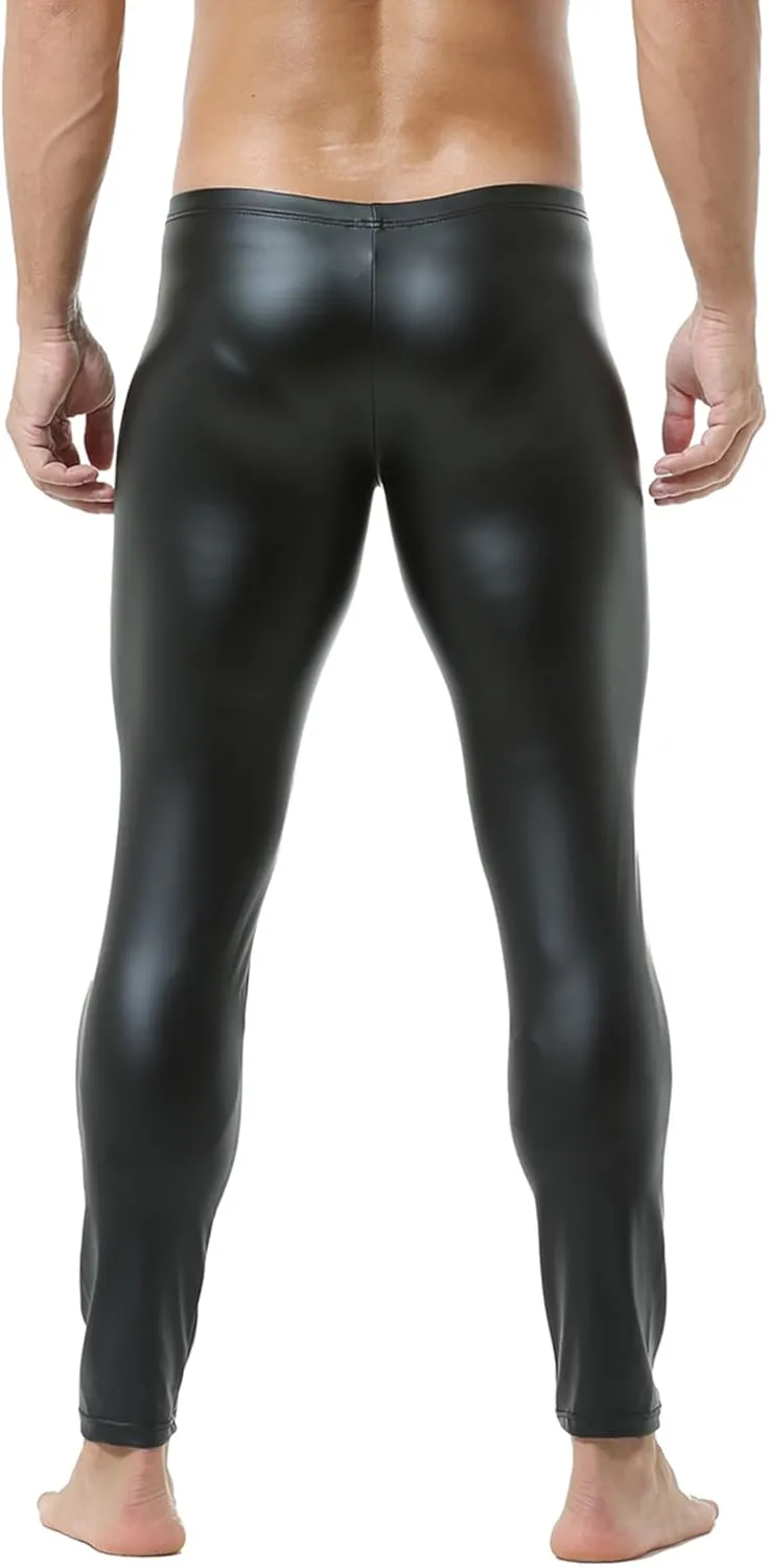 QiaTi Men's Tight Pants Faux Leather Men Leggings Long Trousers PU Skinny Slim Pants Club Dance