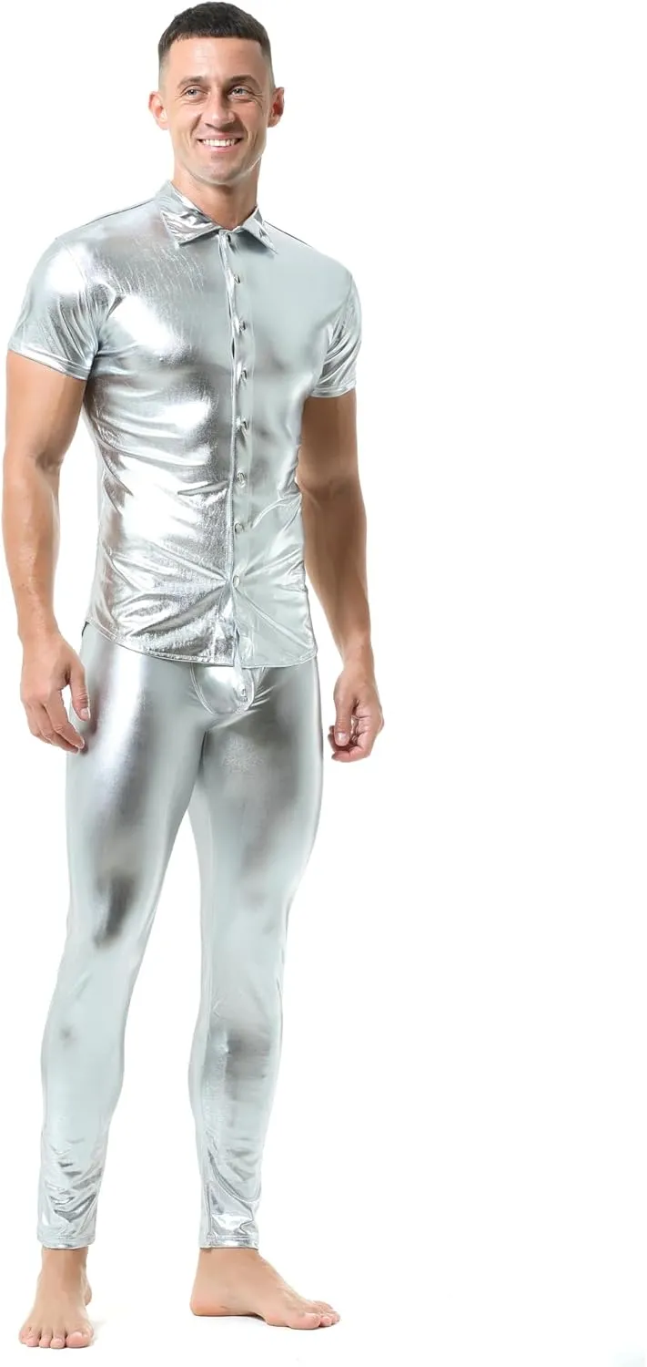 QiaTi Men's Tight Pants Faux Leather Men Leggings Long Trousers PU Skinny Slim Pants Club Dance