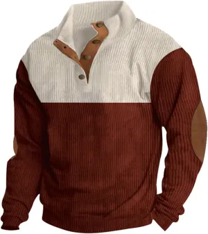 Quarter Button Pullovers for Men Vintage Corduroy Stand Collar Color Block Sweatshirt Long Sleeve Blouse with Patch