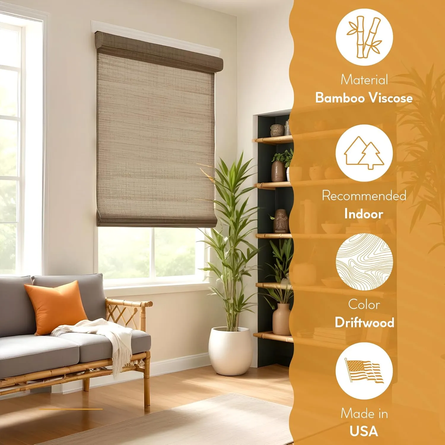 Radiance Cordless Bamboo Roman Shades for Windows - Flatstick Bamboo Blinds for Semi-Private Light Control - Easy to Lift & Fold Up Window Shades - Driftwood - 28.5 in. W x 64 in. L - (2216604E)