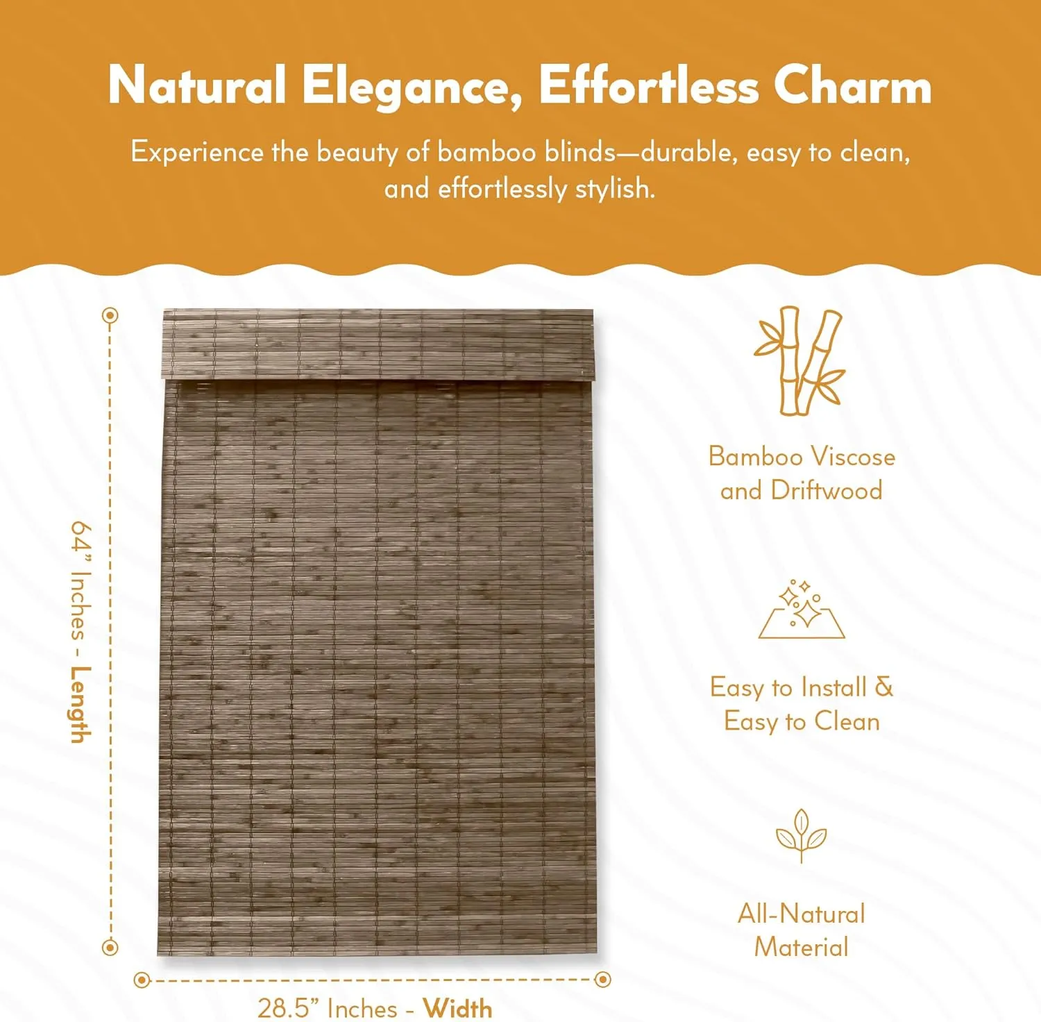 Radiance Cordless Bamboo Roman Shades for Windows - Flatstick Bamboo Blinds for Semi-Private Light Control - Easy to Lift & Fold Up Window Shades - Driftwood - 28.5 in. W x 64 in. L - (2216604E)