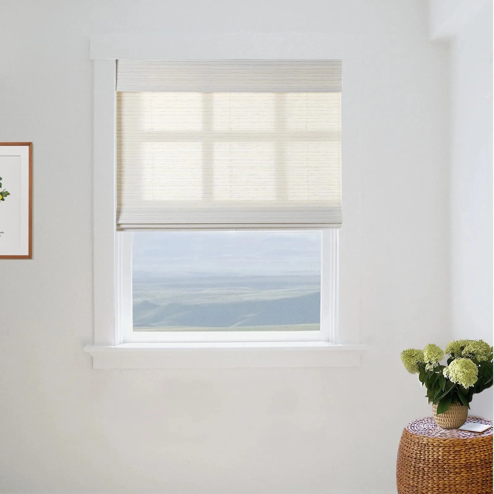 Rain Neutral Flax Woven Wood Shade - Pearl White