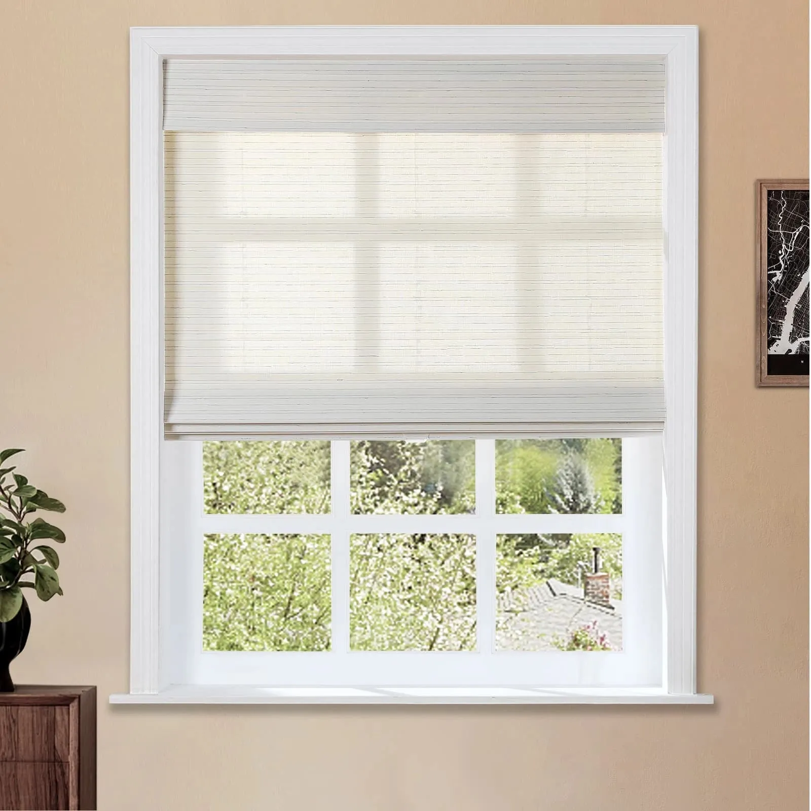 Rain Neutral Flax Woven Wood Shade - Pearl White
