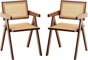 Rattan Accent Chairs, Modern Mid Century Dining Chairs Set of 2, Comfy Armchairs, Outdoor Rattan Chairs with Armrest for Bedroom Living Room Reading Room Dining Kitchen, Brown