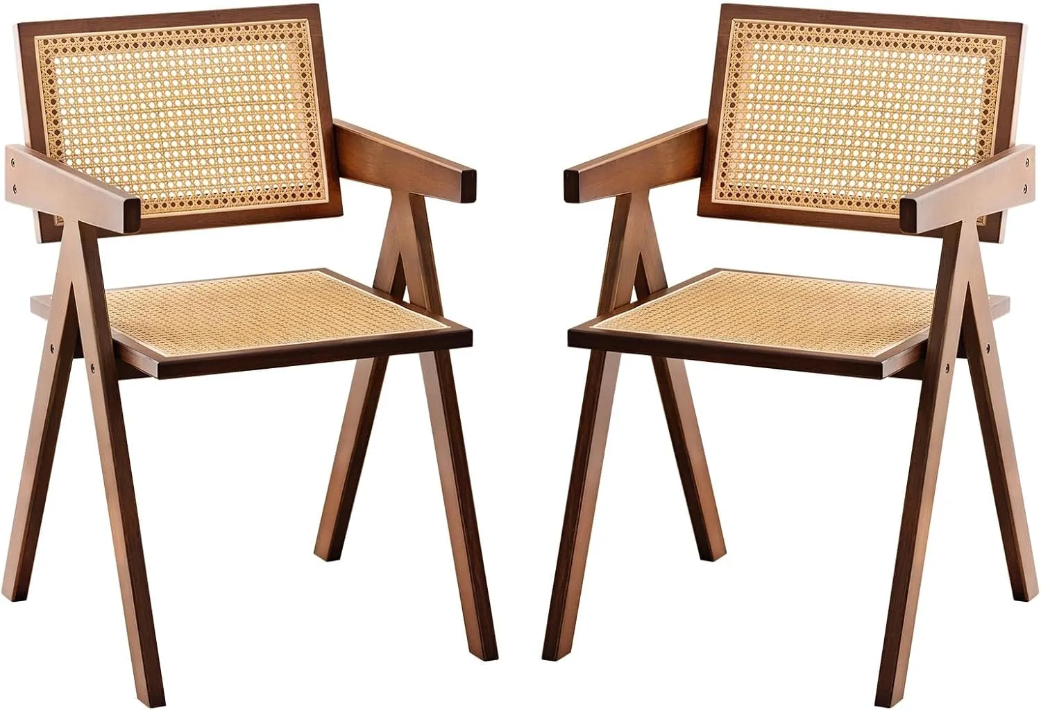 Rattan Accent Chairs, Modern Mid Century Dining Chairs Set of 2, Comfy Armchairs, Outdoor Rattan Chairs with Armrest for Bedroom Living Room Reading Room Dining Kitchen, Brown