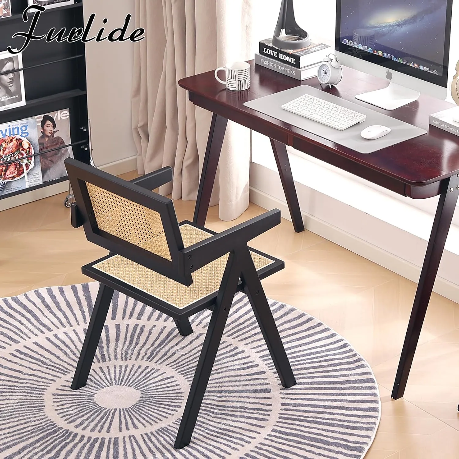 Rattan Dining Chairs Set of 2, Modern Mid Century Dining Chairs with Arms, Outdoor Bamboo Chairs for Bedroom, Living Room, Reading Room, Black