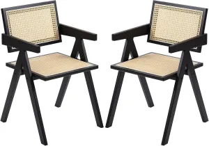 Rattan Dining Chairs Set of 2, Modern Mid Century Dining Chairs with Arms, Outdoor Bamboo Chairs for Bedroom, Living Room, Reading Room, Black