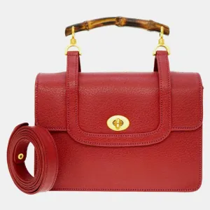 Red Leather Bamboo Top Handle Bag