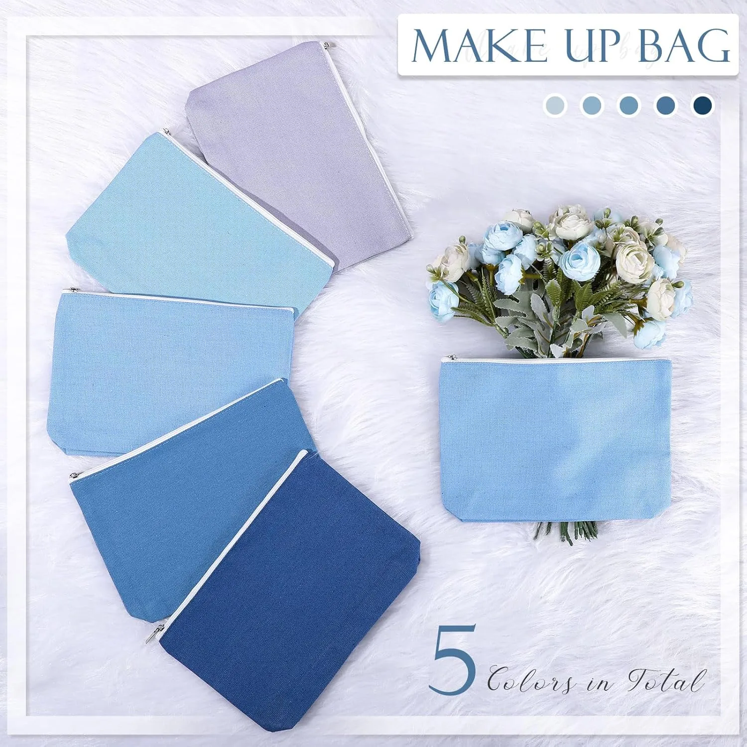 Reginary 10 Pcs Canvas Makeup Bags Bulk for Women Blank DIY Craft Pencil Pouch Multicolor Cosmetics Bag Travel Toiletry Pouch Gift for Mental Health Nurse Mother Teacher(Blue)