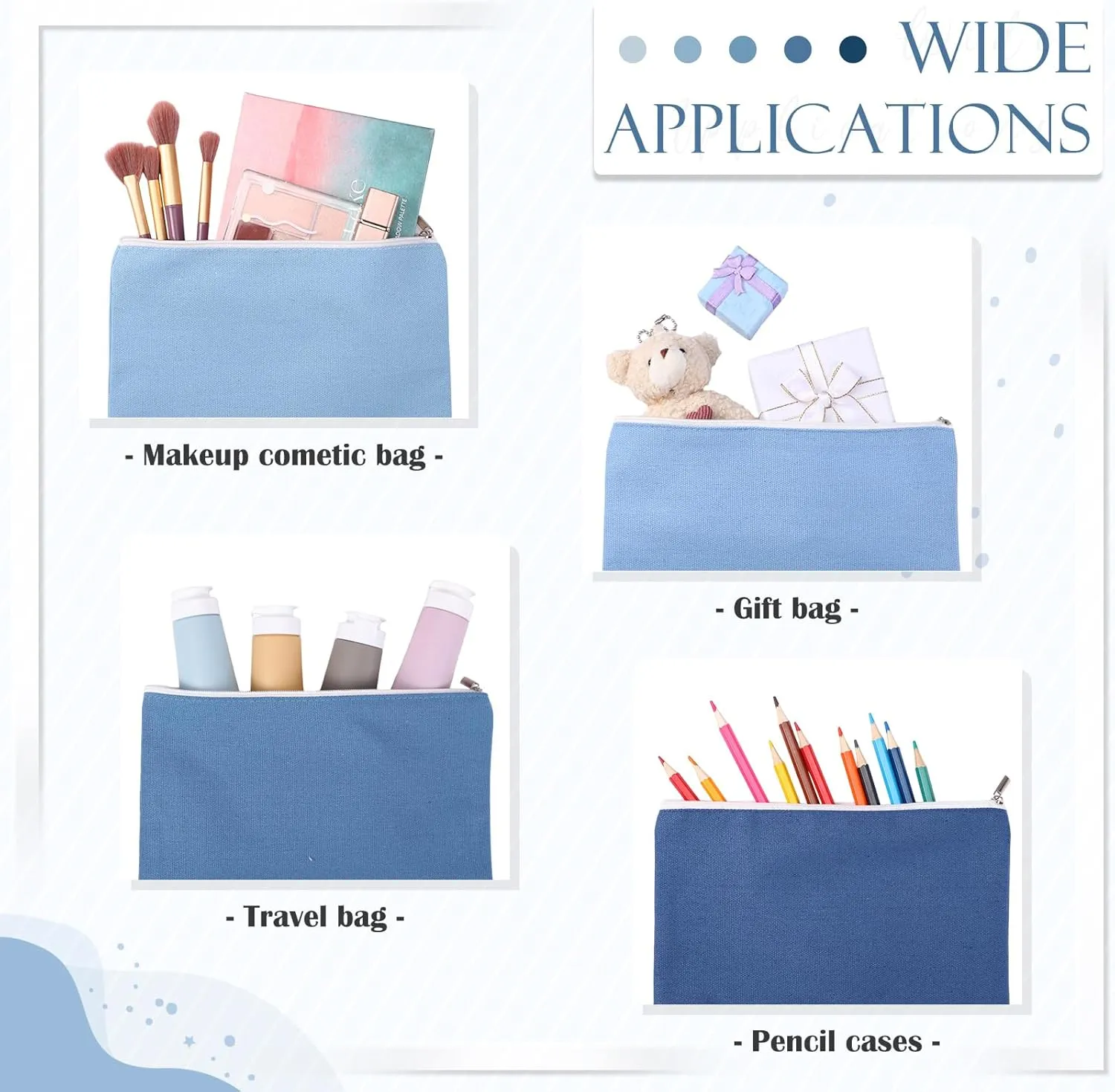 Reginary 10 Pcs Canvas Makeup Bags Bulk for Women Blank DIY Craft Pencil Pouch Multicolor Cosmetics Bag Travel Toiletry Pouch Gift for Mental Health Nurse Mother Teacher(Blue)