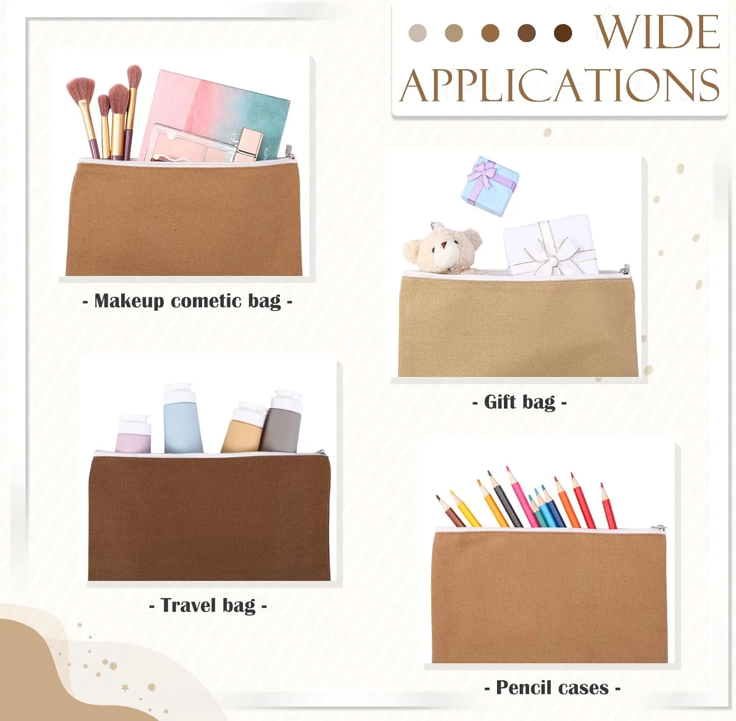 Reginary 10 Pcs Canvas Makeup Bags Bulk for Women Blank DIY Craft Pencil Pouch Multicolor Cosmetics Bag Travel Toiletry Pouch Gift for Mental Health Nurse Mother Teacher(Brown)