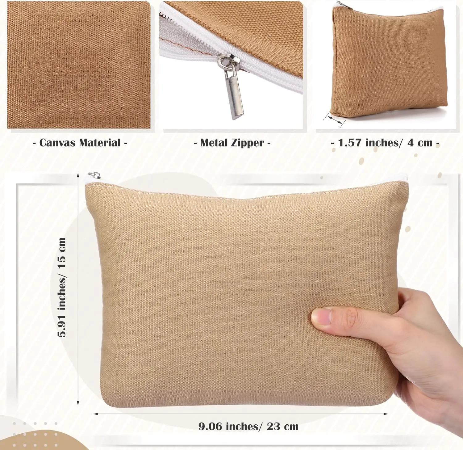 Reginary 10 Pcs Canvas Makeup Bags Bulk for Women Blank DIY Craft Pencil Pouch Multicolor Cosmetics Bag Travel Toiletry Pouch Gift for Mental Health Nurse Mother Teacher(Brown)