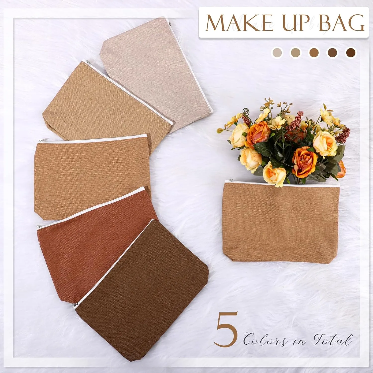 Reginary 10 Pcs Canvas Makeup Bags Bulk for Women Blank DIY Craft Pencil Pouch Multicolor Cosmetics Bag Travel Toiletry Pouch Gift for Mental Health Nurse Mother Teacher(Brown)