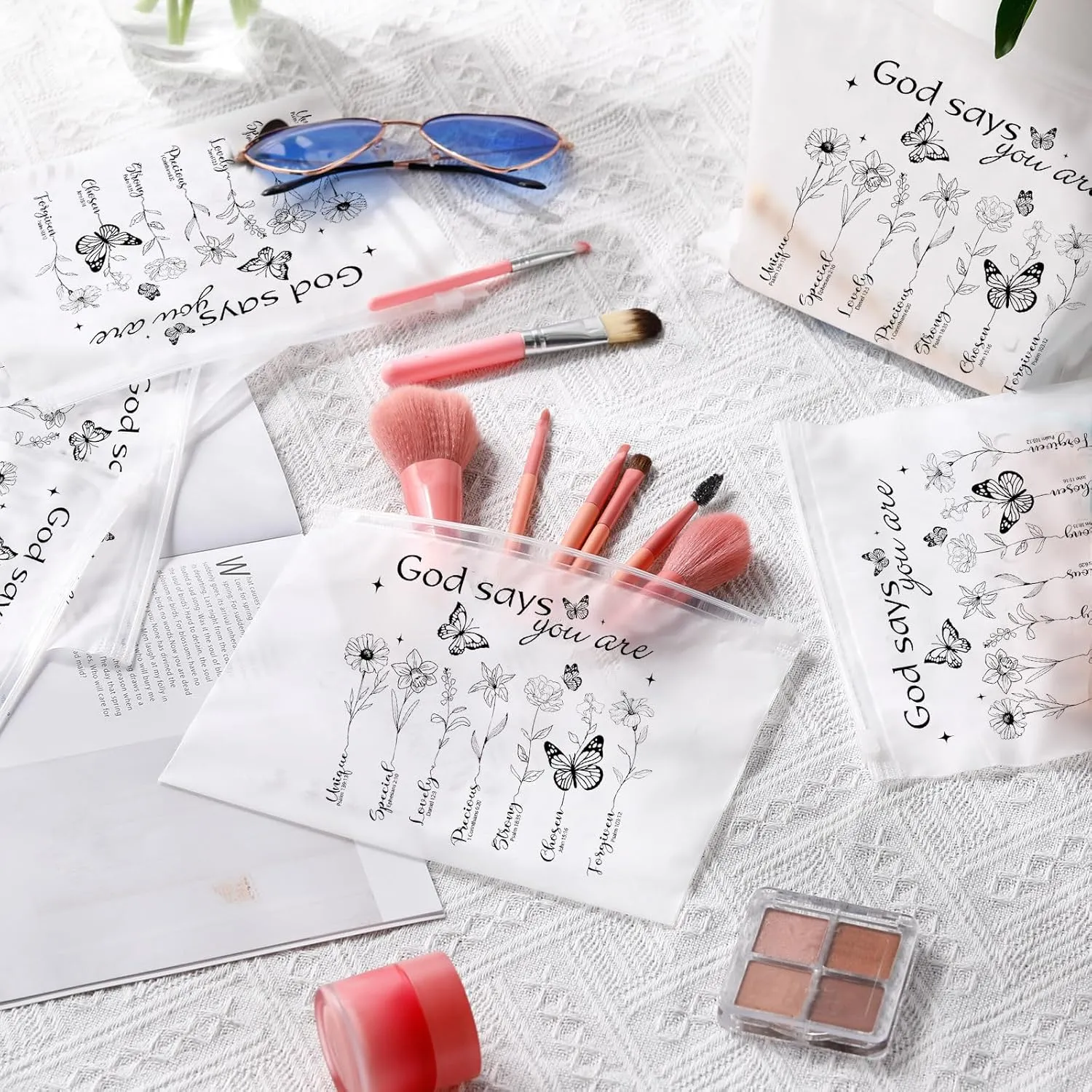 Reginary 50 Pcs Inspirational Gifts Bulk for Women Cosmetic Bag EVA You Are Braver Awesome Makeup Bag with Zipper for Birthday Graduation Christian Easter Encouragement Gifts(God Says)