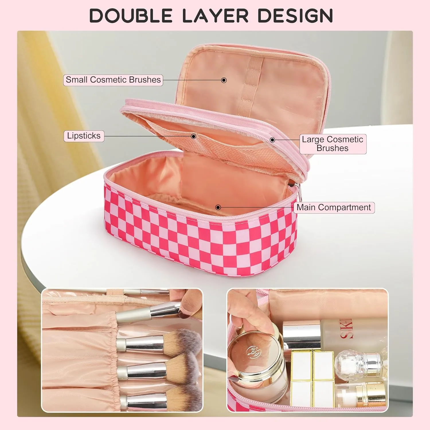 Relavel Makeup Bag, Cute Travel Cosmetic Bag, Small Pink Make Up Bags, Portable Toiletry Storage for Women Girl, Waterproof Makeup Organizer for Gym, Camping, Trip, Daily Use - Rose Red