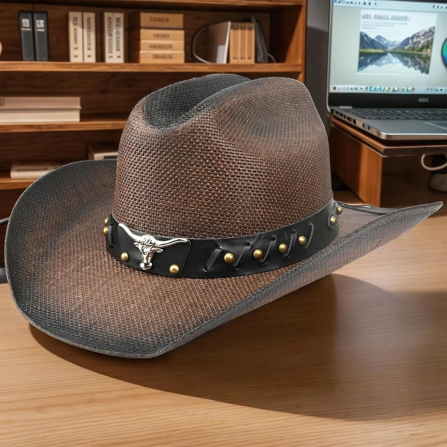 Retro Cowgirl Hats Western Straw hat,Mens Womens Cowboy Hat with Metal Texture,Bull Head Badge Hats