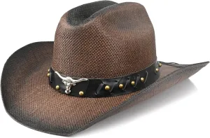 Retro Cowgirl Hats Western Straw hat,Mens Womens Cowboy Hat with Metal Texture,Bull Head Badge Hats