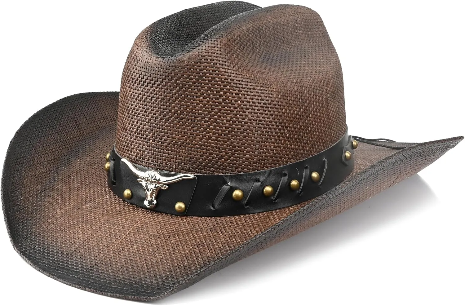 Retro Cowgirl Hats Western Straw hat,Mens Womens Cowboy Hat with Metal Texture,Bull Head Badge Hats