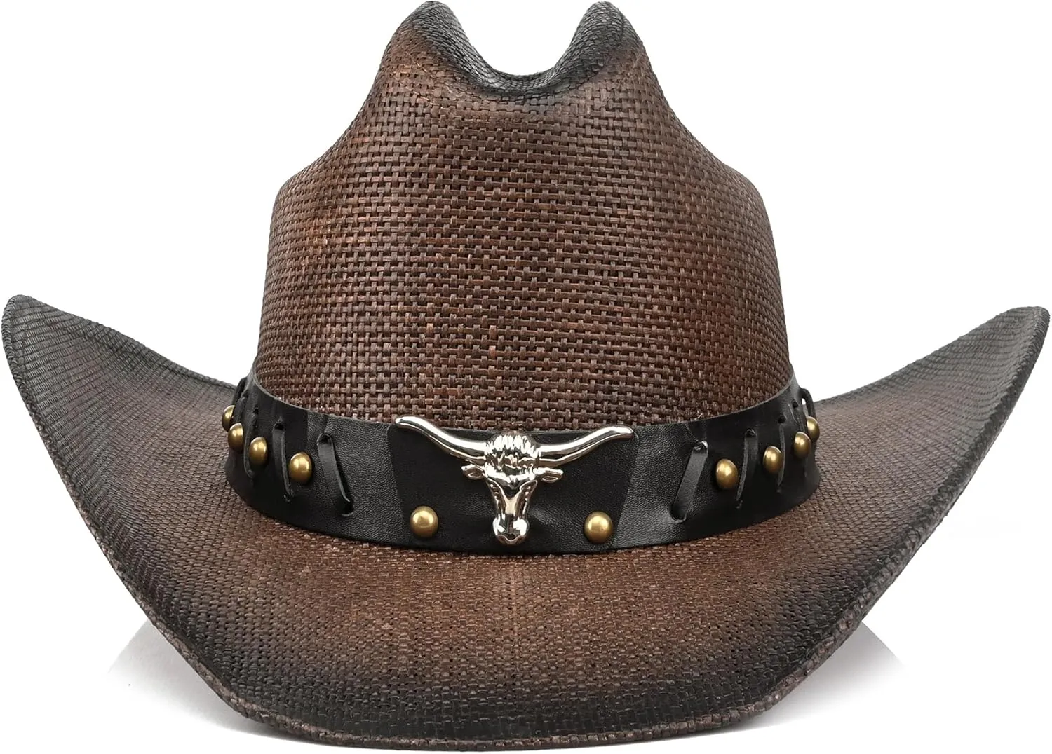 Retro Cowgirl Hats Western Straw hat,Mens Womens Cowboy Hat with Metal Texture,Bull Head Badge Hats