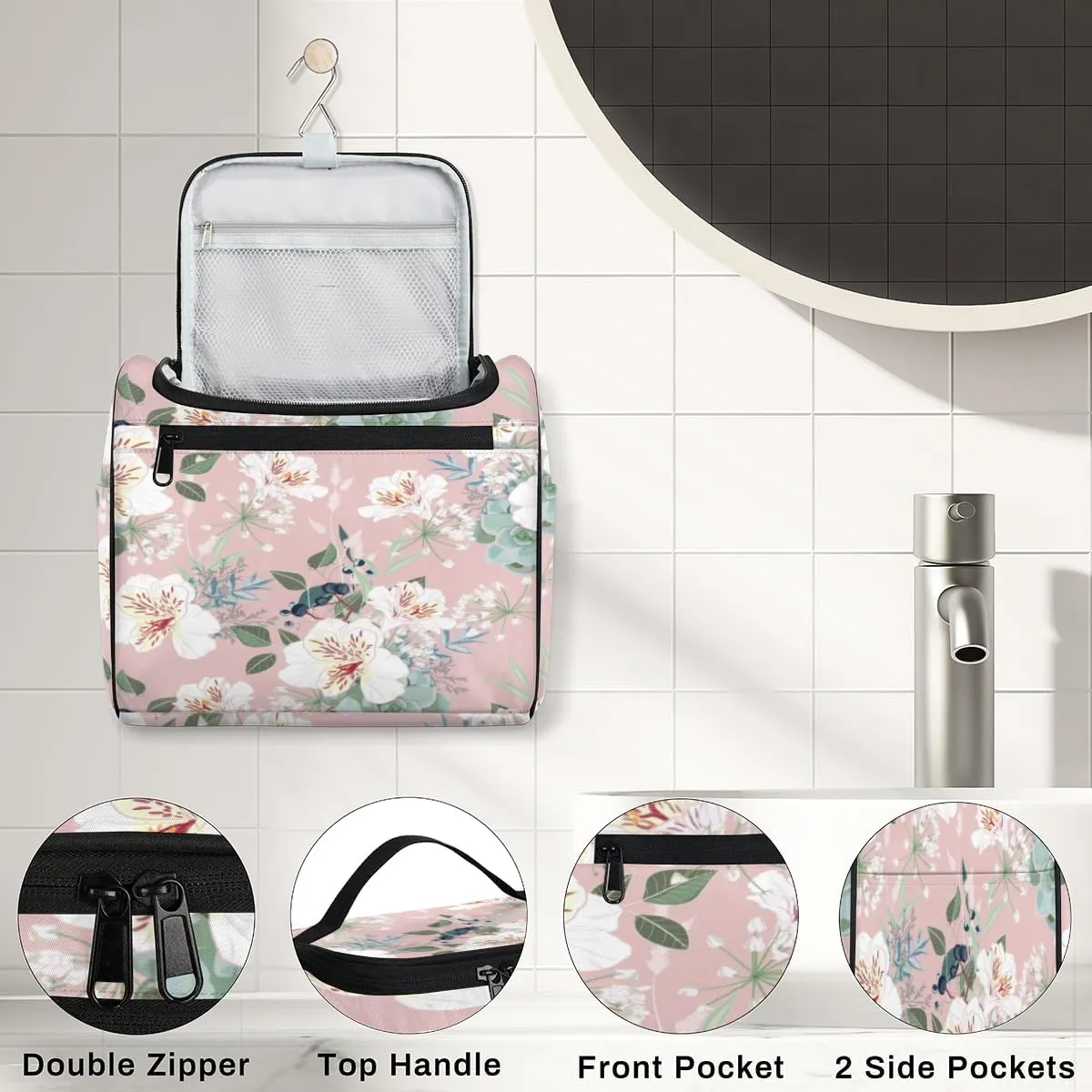 Retro Flower Paint Hanging Toiletry Bag for Men Women Travel Cosmetic Makeup Organizer Bag Water Resistant Large Portable Wash Case for Accessories, Toiletries, Cosmetics