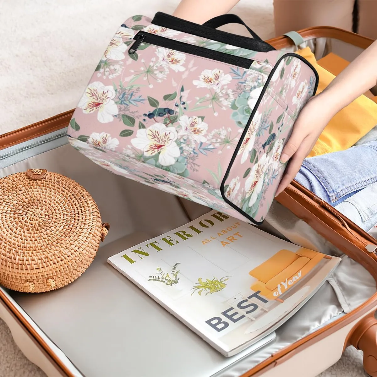 Retro Flower Paint Hanging Toiletry Bag for Men Women Travel Cosmetic Makeup Organizer Bag Water Resistant Large Portable Wash Case for Accessories, Toiletries, Cosmetics