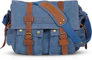 Retro Shoulder Bags Messenger Bag 14 Inch Laptop Briefcase Men Women Sports Bag Work Satchel Canvas Navy Blue L