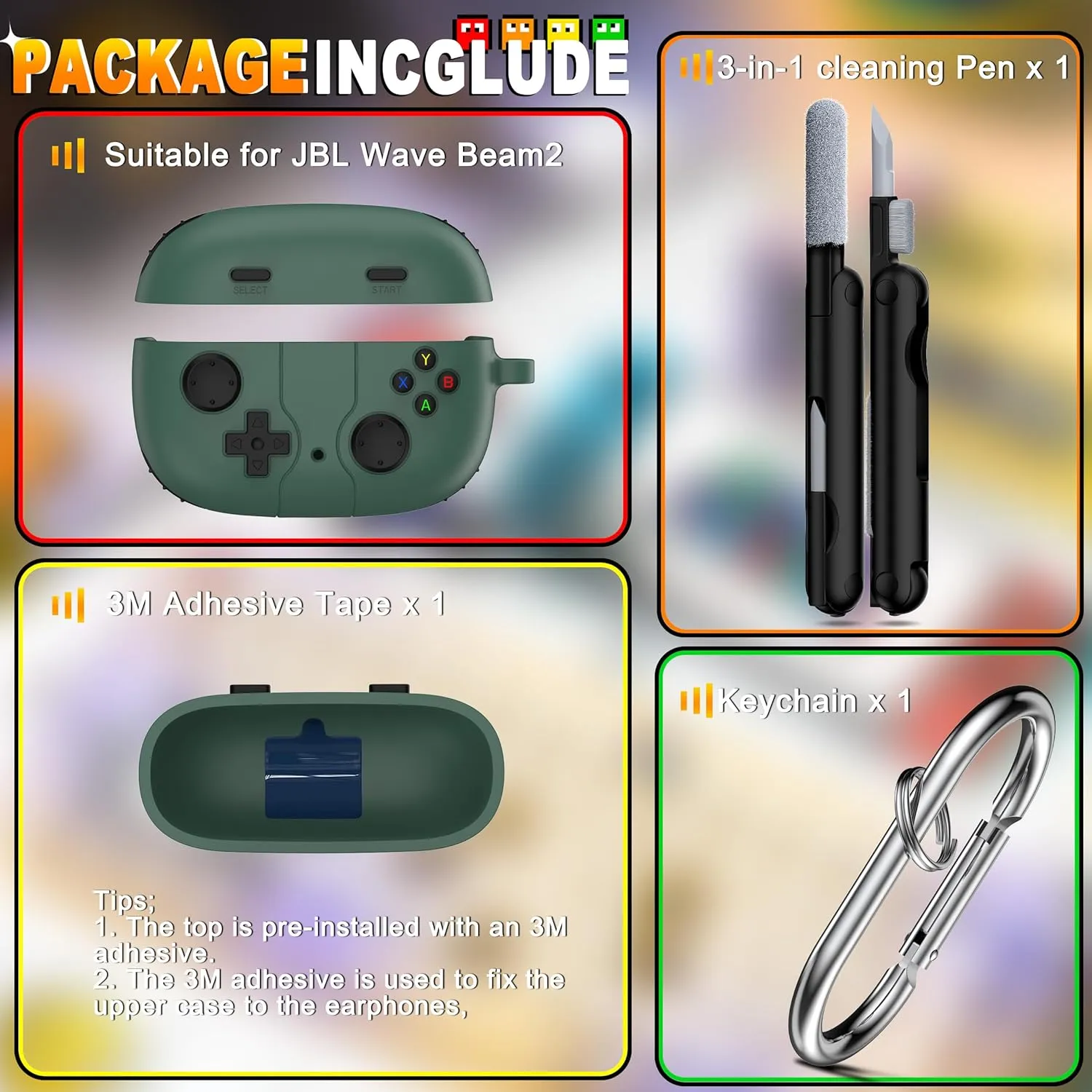RFUNGUANGO Compatible with JBL Vibe 200TWS/JBL Vibe Beam Protective Case, Soft Silicone Game Console Theme Protective Case with Cleaning Kit, with Carabiner,Green
