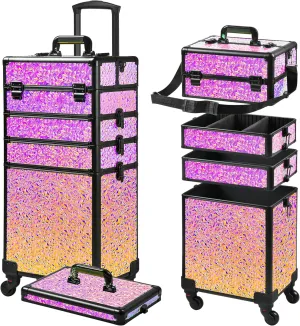 Rolling Makeup Case, Makeup Train Case with Lid, 5 in 1 Cosmetology Case on Wheels, Christmas Gift, Large Makeup Case Organizers, Profesional Cosmetic Case for Salon Barber,Black Colorful