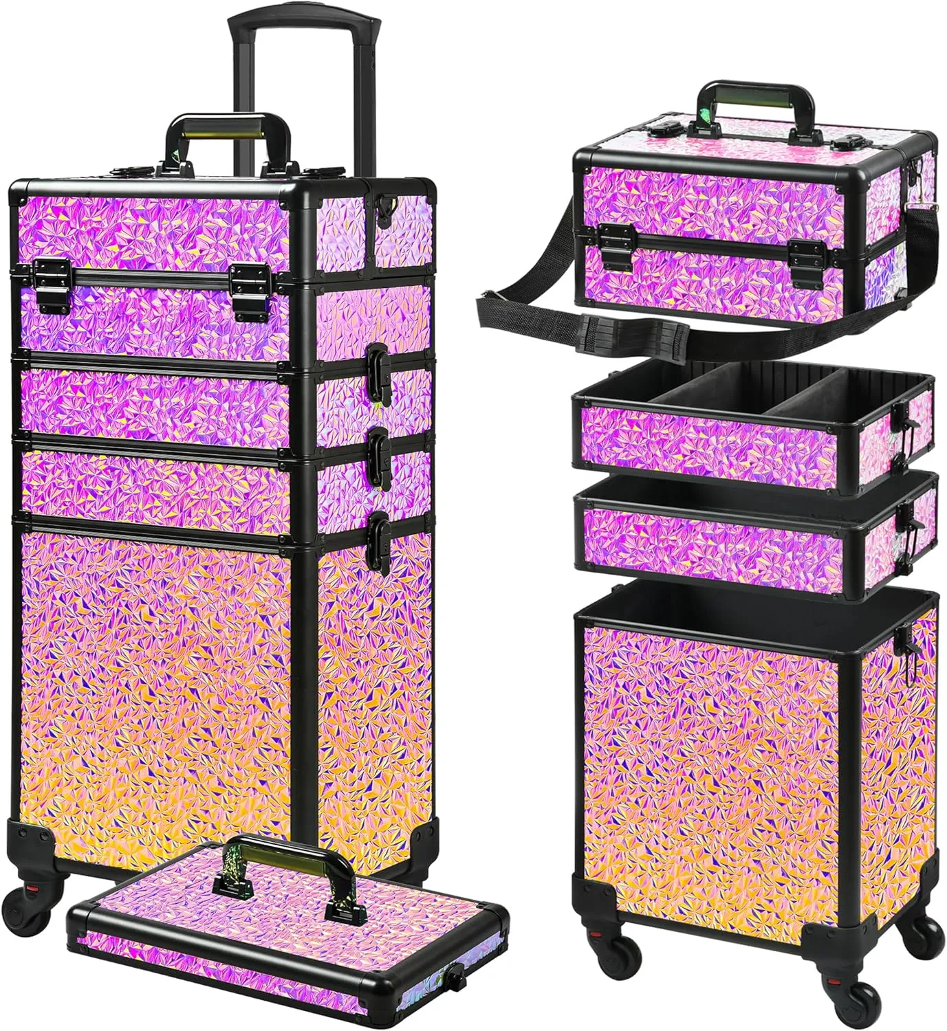 Rolling Makeup Case, Makeup Train Case with Lid, 5 in 1 Cosmetology Case on Wheels, Christmas Gift, Large Makeup Case Organizers, Profesional Cosmetic Case for Salon Barber,Black Colorful