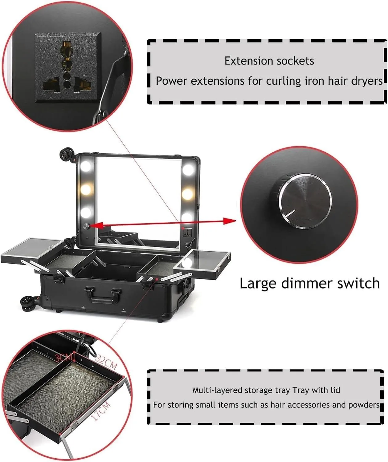 Rolling Makeup CaseRolling Makeup CaseProfessional Makeup Train CaseMakeup Artist Travel Aluminium Trolley Makeup Case(Noir)