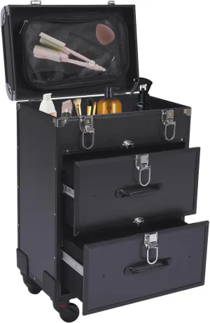 Rolling Makeup Train Case, Multi-functional Cosmetics Storage Organizer, Professional Cosmetic Trolley with Keys Swivel Wheels for Make-up Artists, Hairdressers, Nail Technicians, black