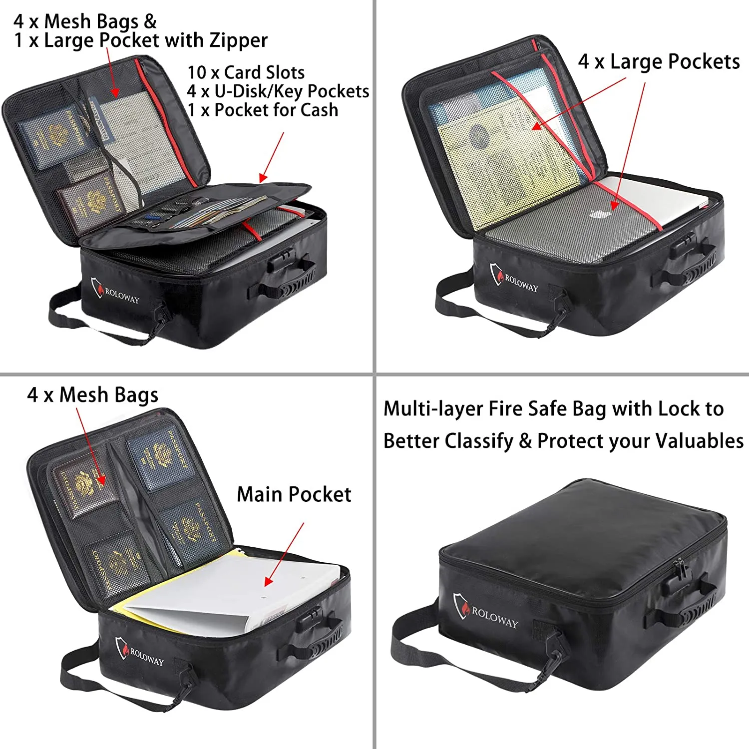 ROLOWAY Fireproof File Storage Bag Bundle 17x11.8x5in with Lock, Black, 2-Pack Document Bags