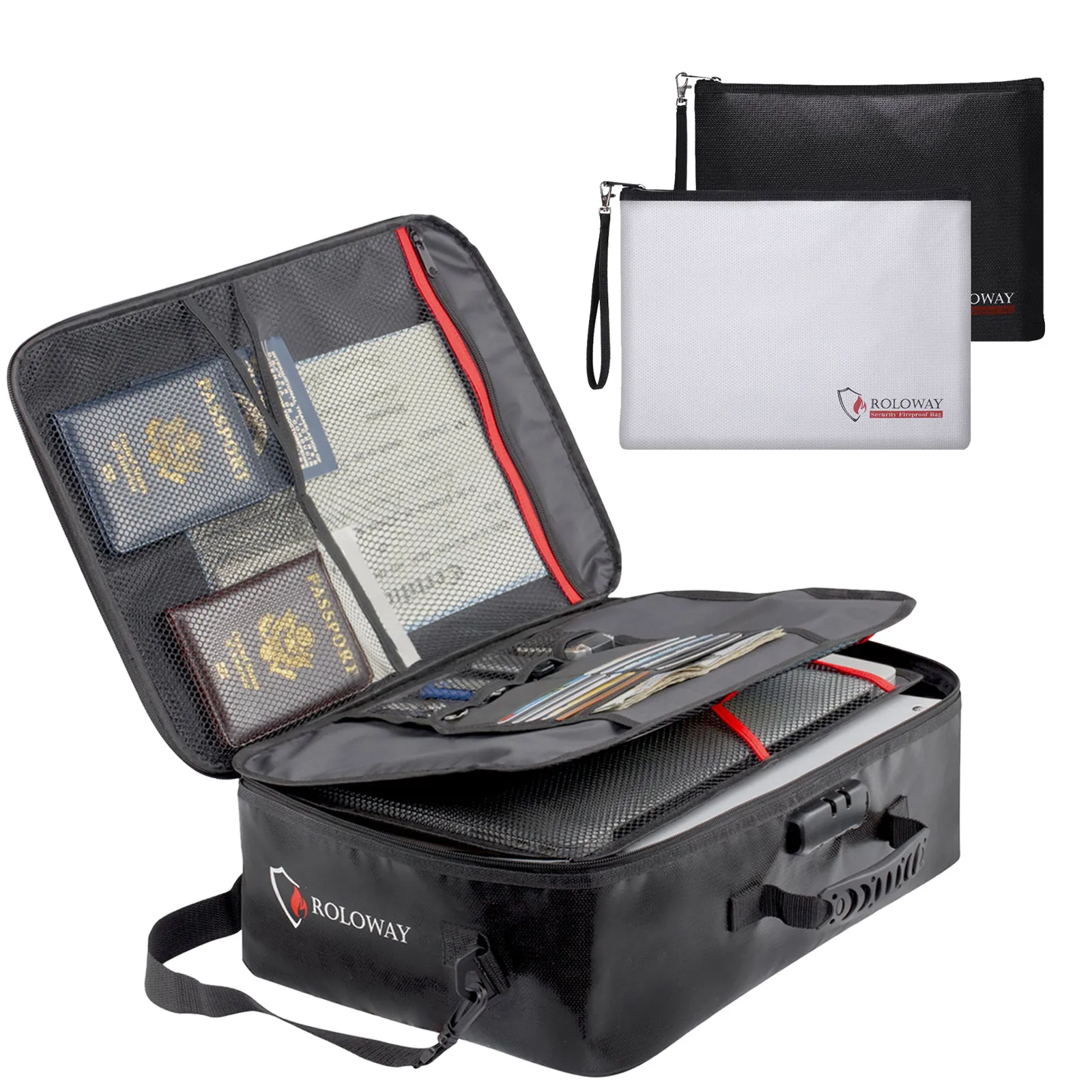ROLOWAY Fireproof File Storage Bag Bundle 17x11.8x5in with Lock, Black, 2-Pack Document Bags