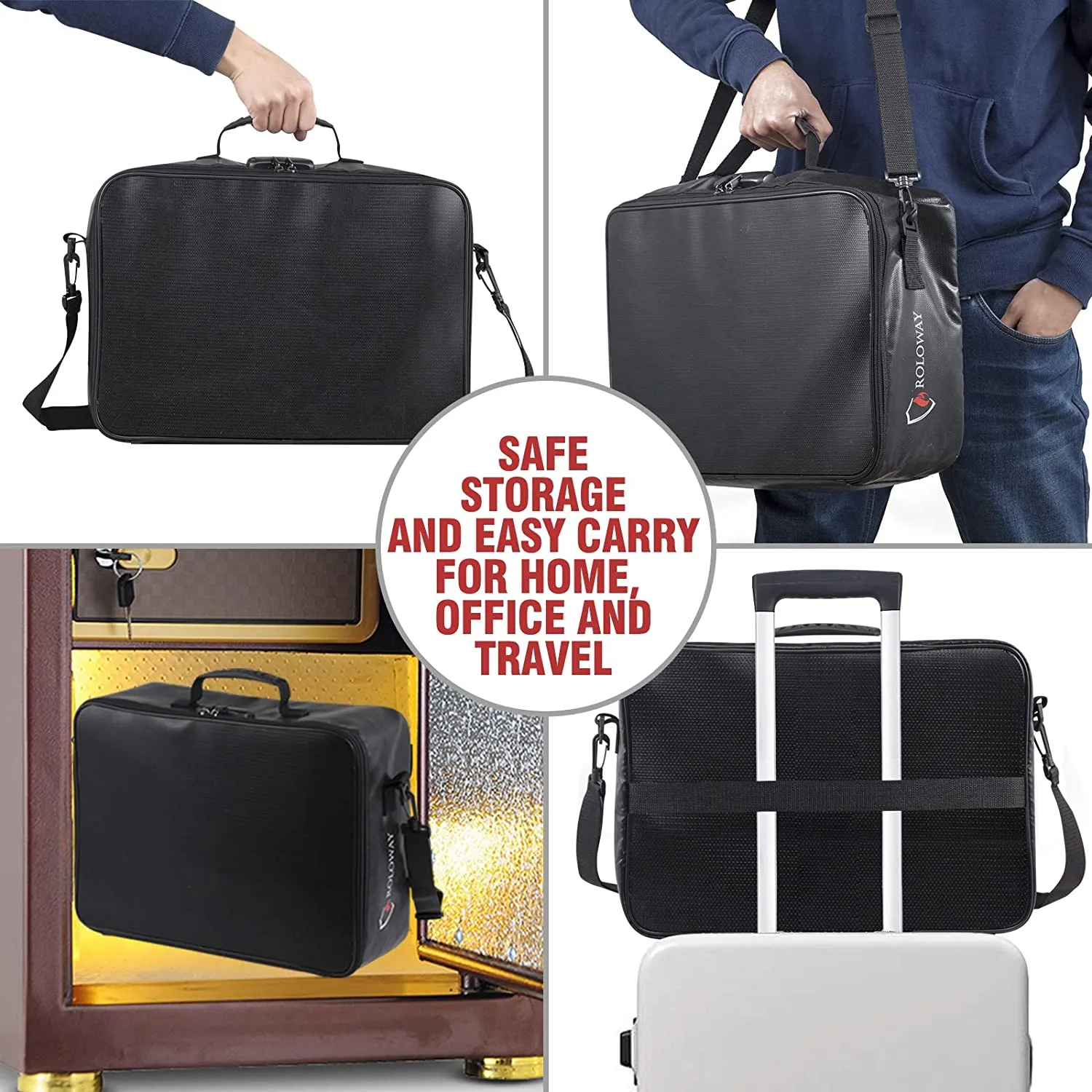 ROLOWAY Fireproof File Storage Bag Bundle 17x11.8x5in with Lock, Black, 2-Pack Document Bags