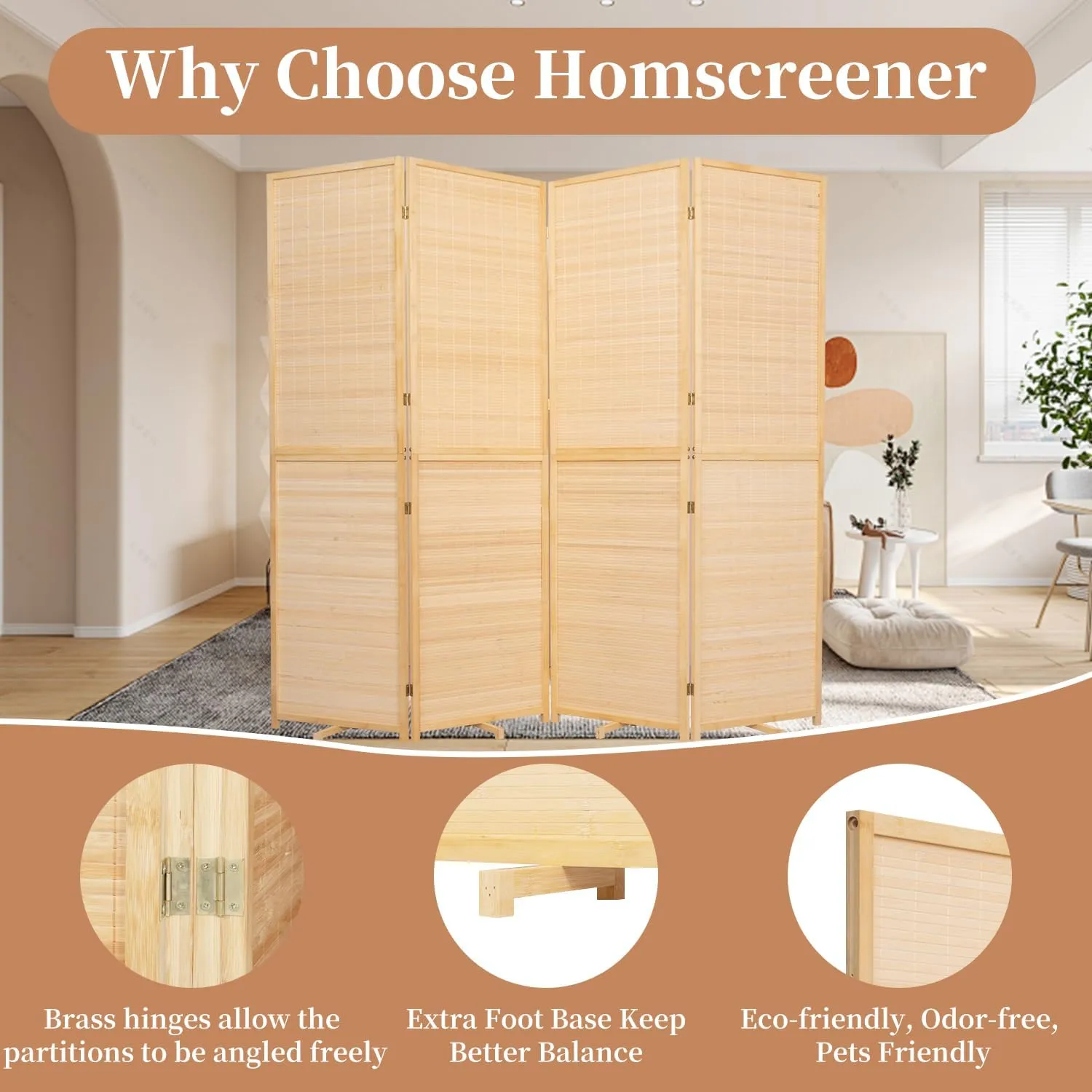 Room Divider Folding Privacy Screens, Hand-Made 67'' High Bamboo Room Dividers Freestanding 2-in-1 Multifunction 4 Panel Wall Divider for Room Separation, Portable Room Partitions and Dividers
