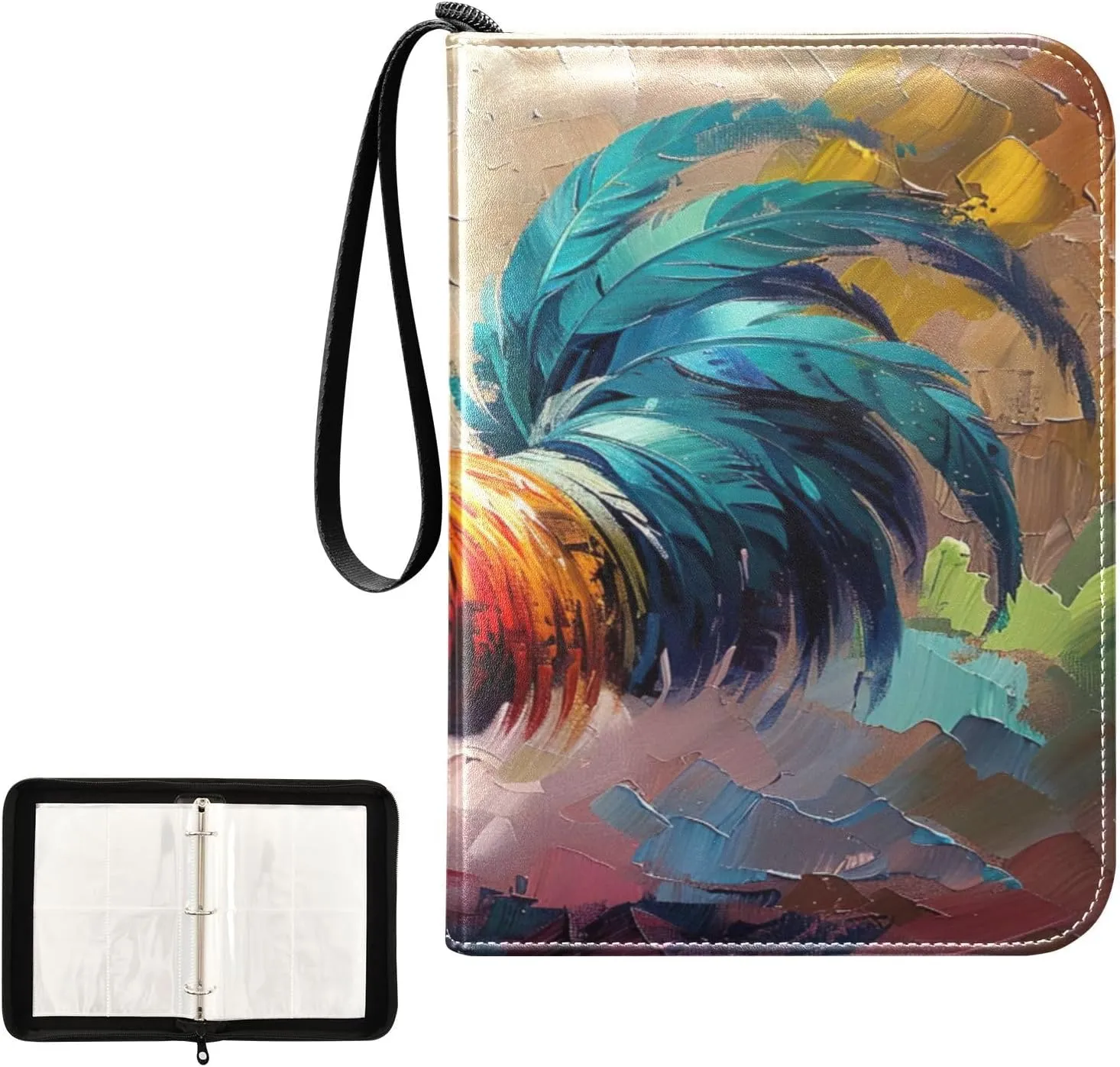 Rooster Oil Painting Collectible Trading Card Albums, Waterproof PU Card Collection Binder Fits 400 Cards with Removable Sleeves for Baseball Card, Football Card