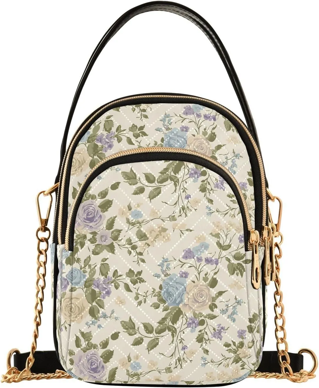 Rose Garden Motif Shoulder Handbag for Girls Stylish Crossbody Handbags with Detachable Chain Shoulder Strap