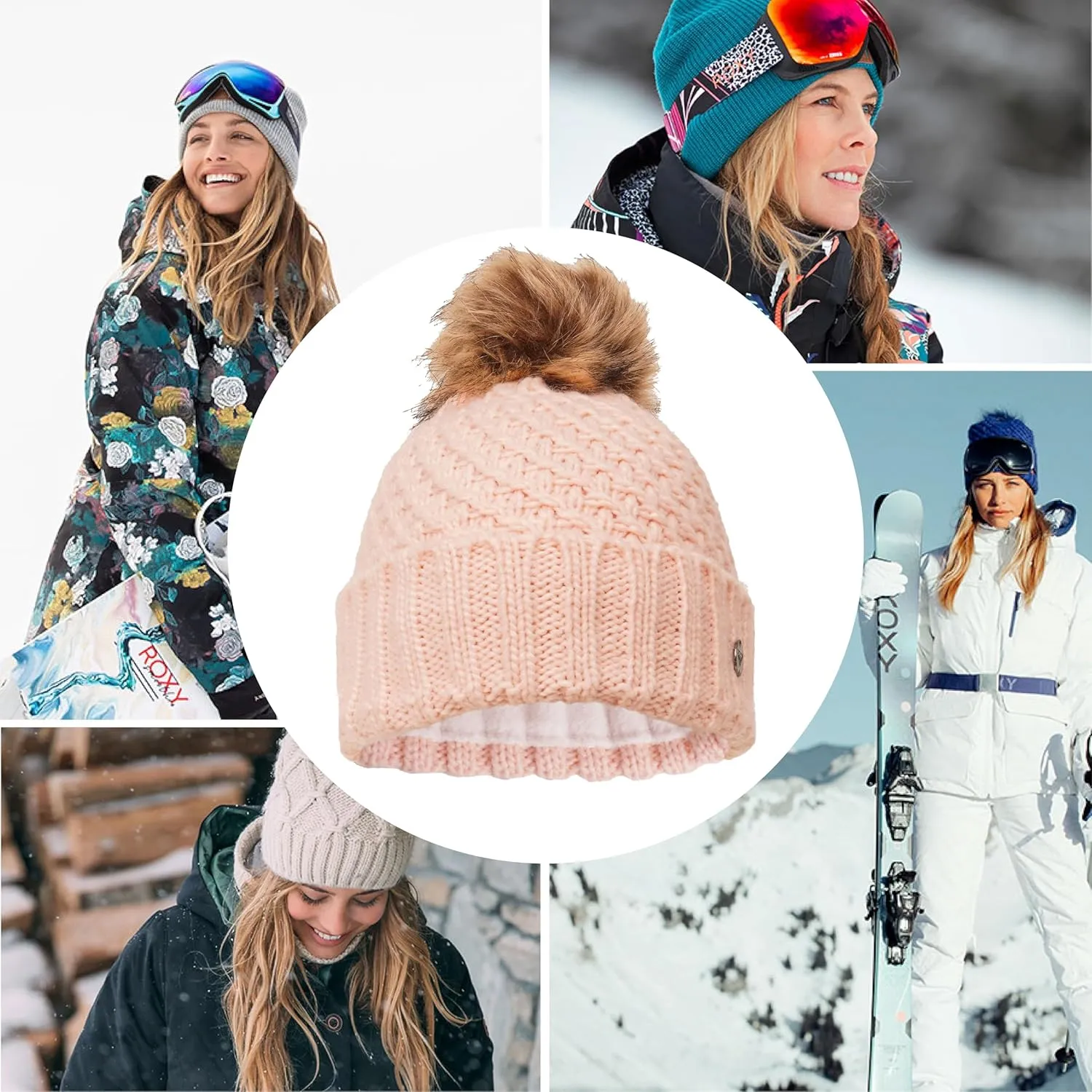 Roxy Women's Blizzard Beanie - Chunky Knit Winter Hat with Faux Fur Pom, Fleece-Lined