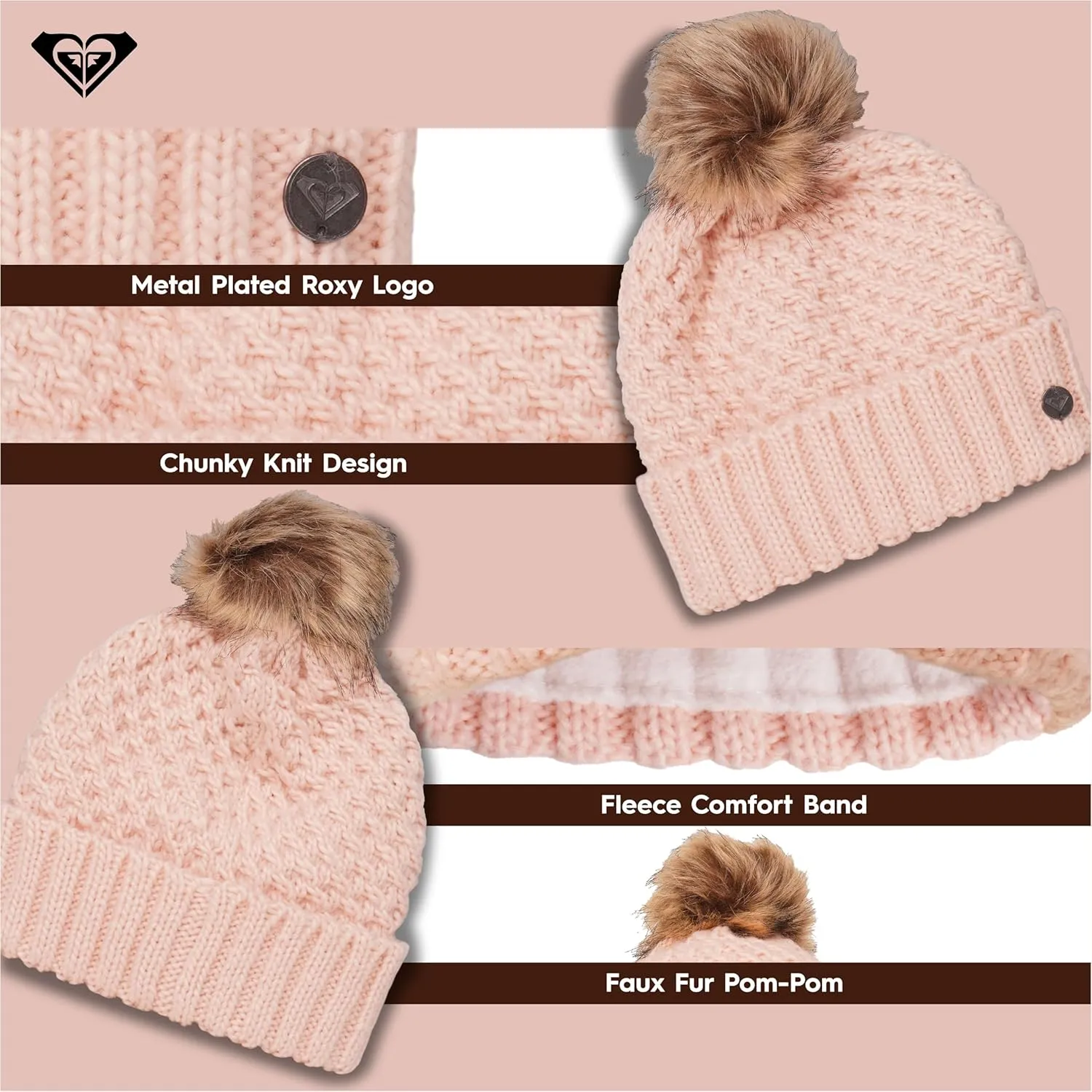 Roxy Women's Blizzard Beanie - Chunky Knit Winter Hat with Faux Fur Pom, Fleece-Lined