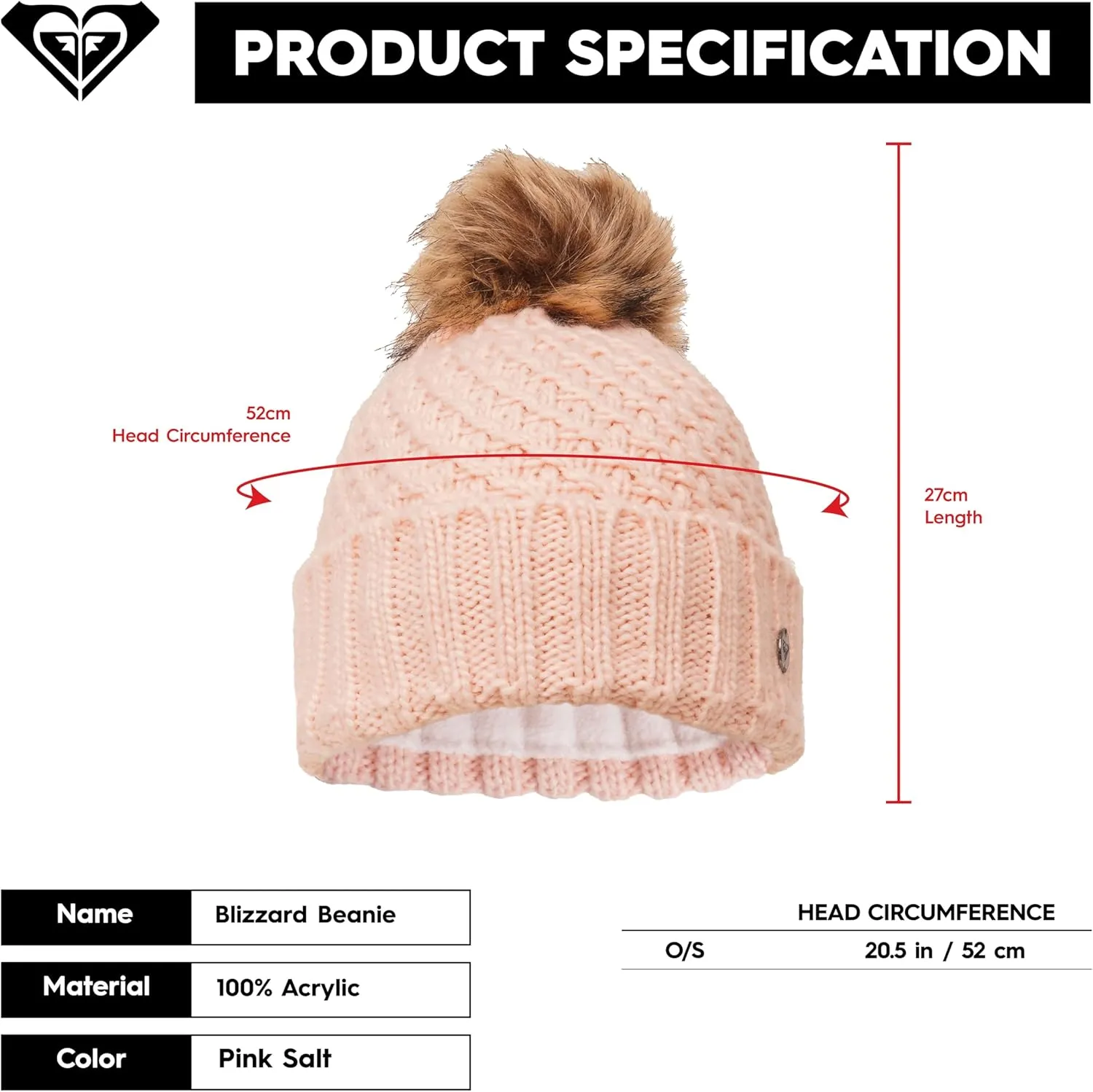 Roxy Women's Blizzard Beanie - Chunky Knit Winter Hat with Faux Fur Pom, Fleece-Lined