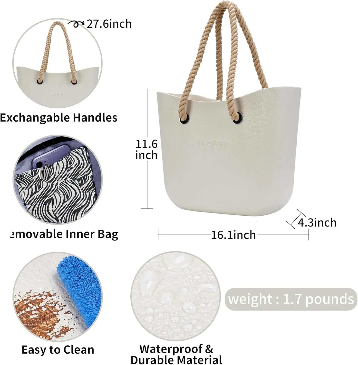 Rubber Tote Handbag with Rope Handles and Faux Leather Strap Lightweight Waterproof Shoulder Bag with EVA Foam Rubber