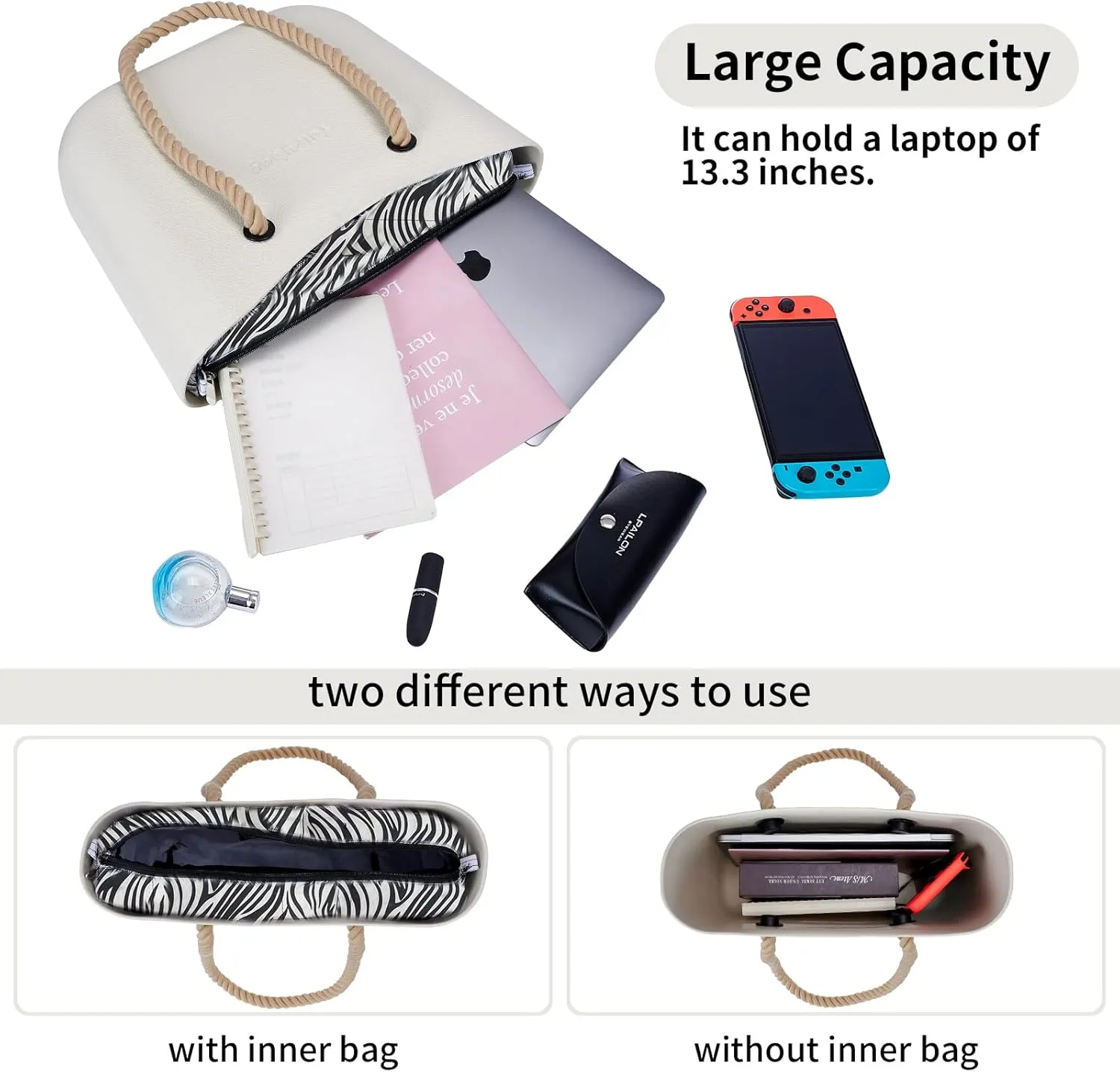 Rubber Tote Handbag with Rope Handles and Faux Leather Strap Lightweight Waterproof Shoulder Bag with EVA Foam Rubber