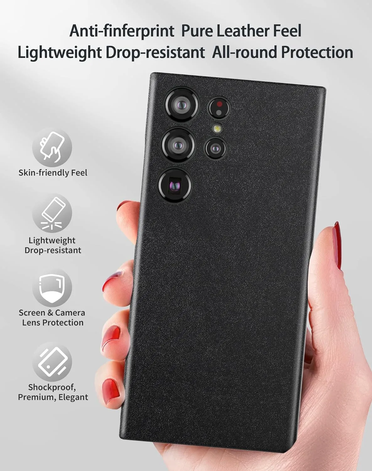 Samsung Galaxy S23 Ultra Leather Case, Super Slim Vegan Leather Case with Logo - Black