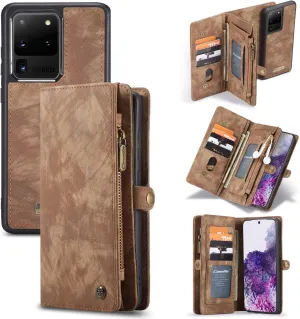 Samsung Galaxy S24 Ultra Wallet Leather Case Detachable Magnetic Zipper Flip Case 11 Card Slots Holder Wrist Strap Handle Shockproof Cover Pocket Wallet Handbag for S24 Ultra (Brown)