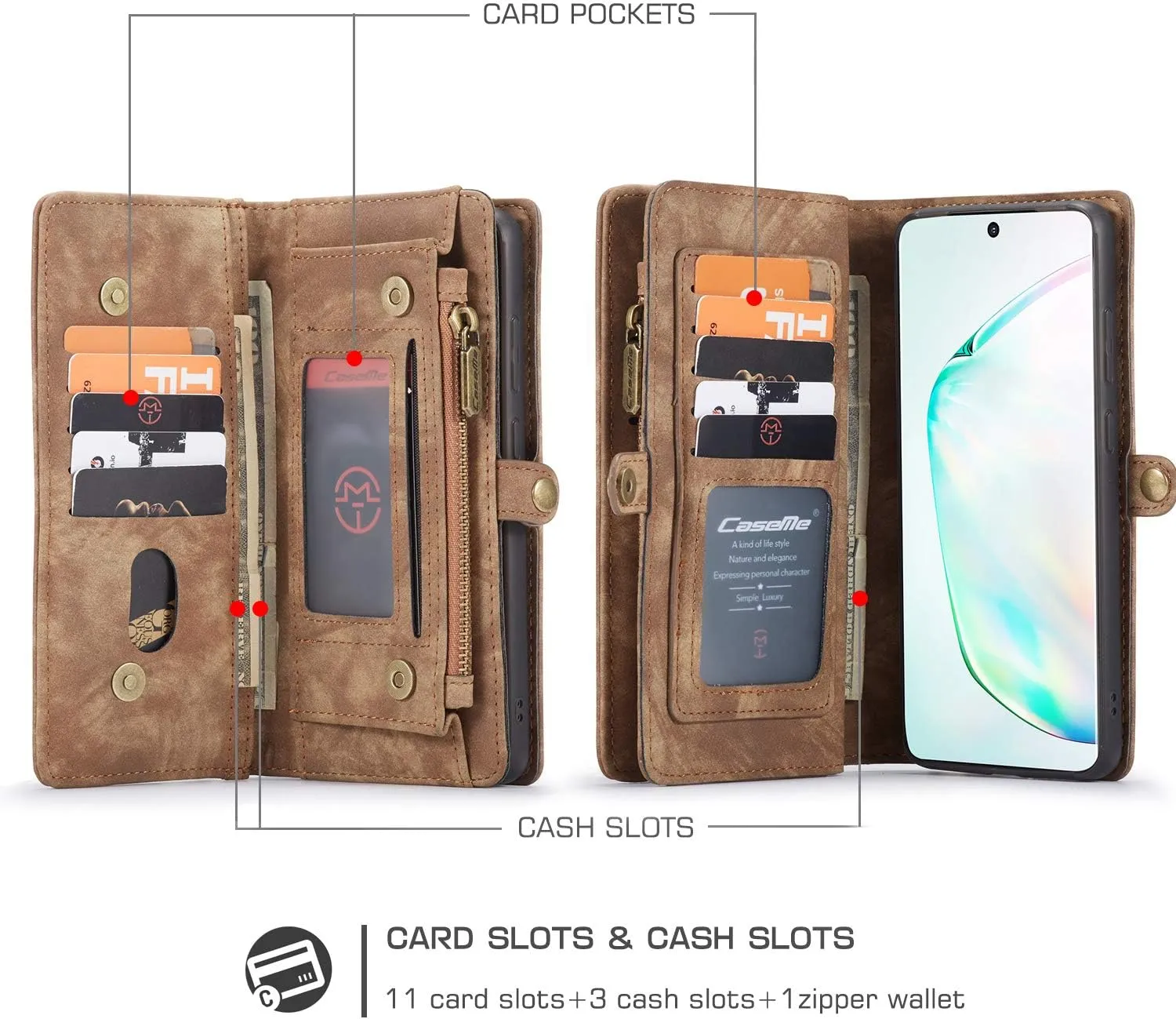 Samsung Galaxy S24 Ultra Wallet Leather Case Detachable Magnetic Zipper Flip Case 11 Card Slots Holder Wrist Strap Handle Shockproof Cover Pocket Wallet Handbag for S24 Ultra (Brown)